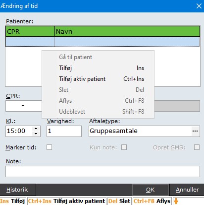 Tilføj aktiv patient til en gruppebooking