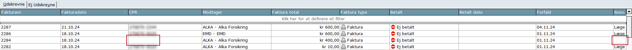 søg faktura slettet patient