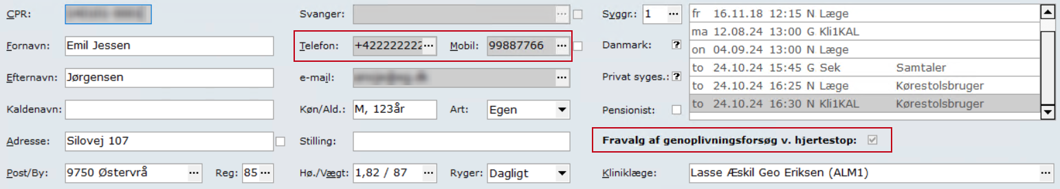 Fravalg af genoplivning og telefonnumre